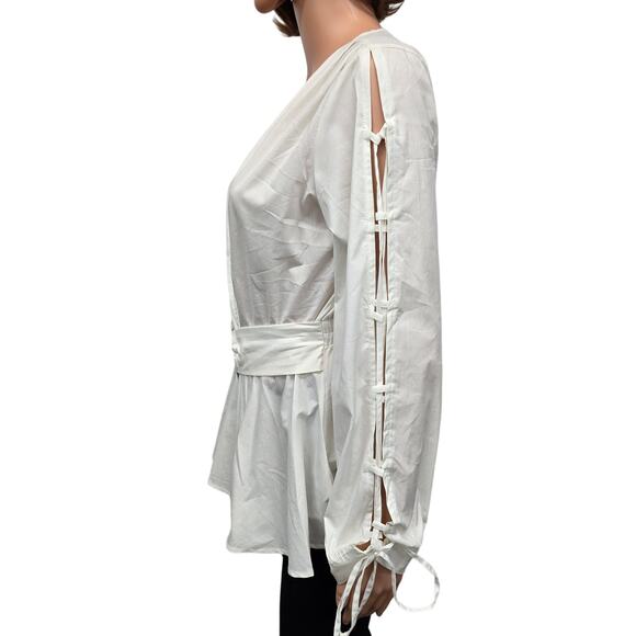 VENUS Top Blouse Women 6 White Open Long Sleeves Lace-up V-neck Belt Buckle - Picture 4 of 11